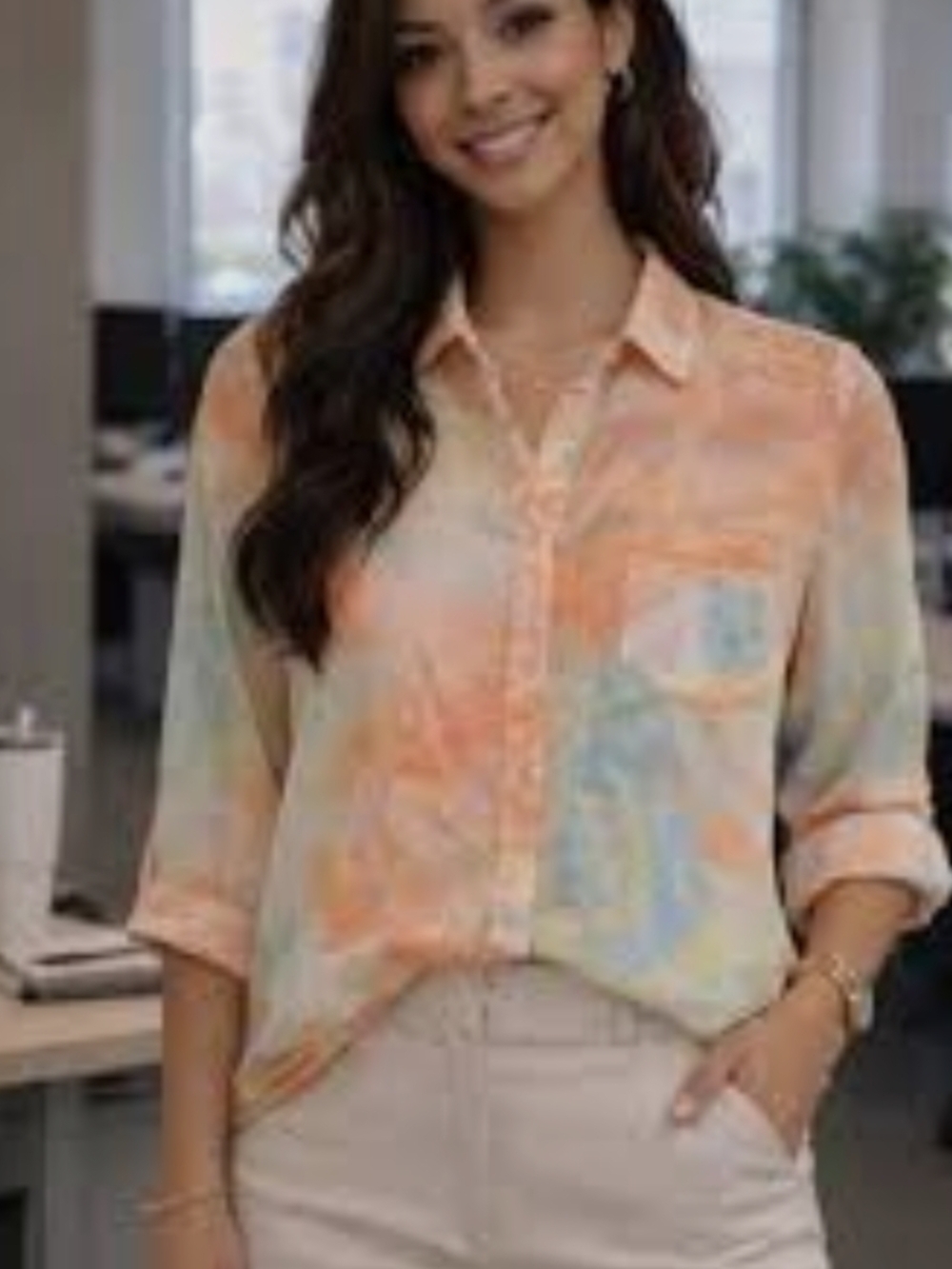 Candie's Sheer Pastel Floral Button-Up Blouse - Peach & Mint